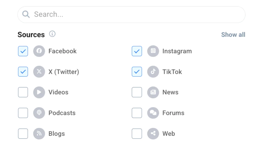 Filtering options in the Hot Hors Tab by Brand24, an AI-powered tool.