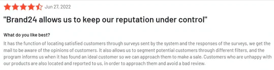 Positive review posted by Brand24's customer on G2