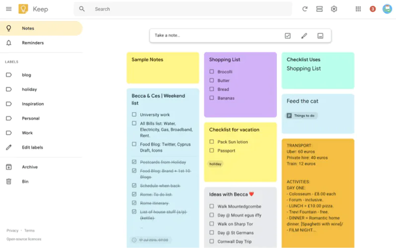 An image of Google Keep, a good tool for PR
