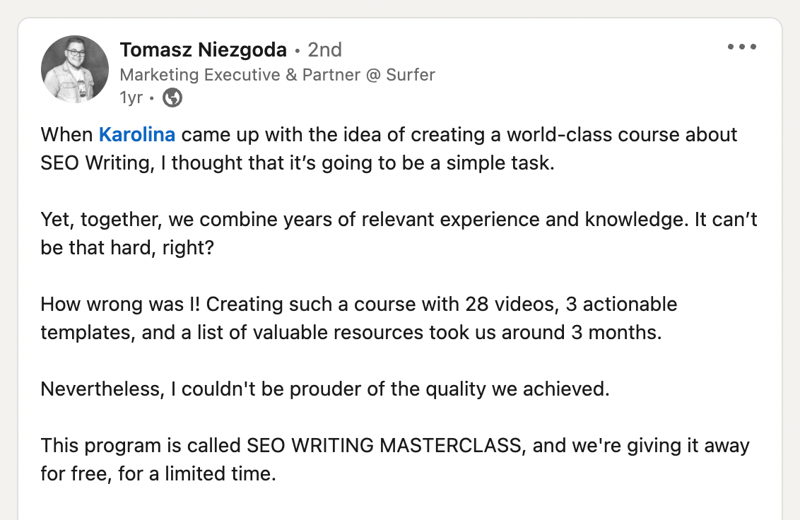 Screenshot of Tomasz Niezgoda post from Linkedin.